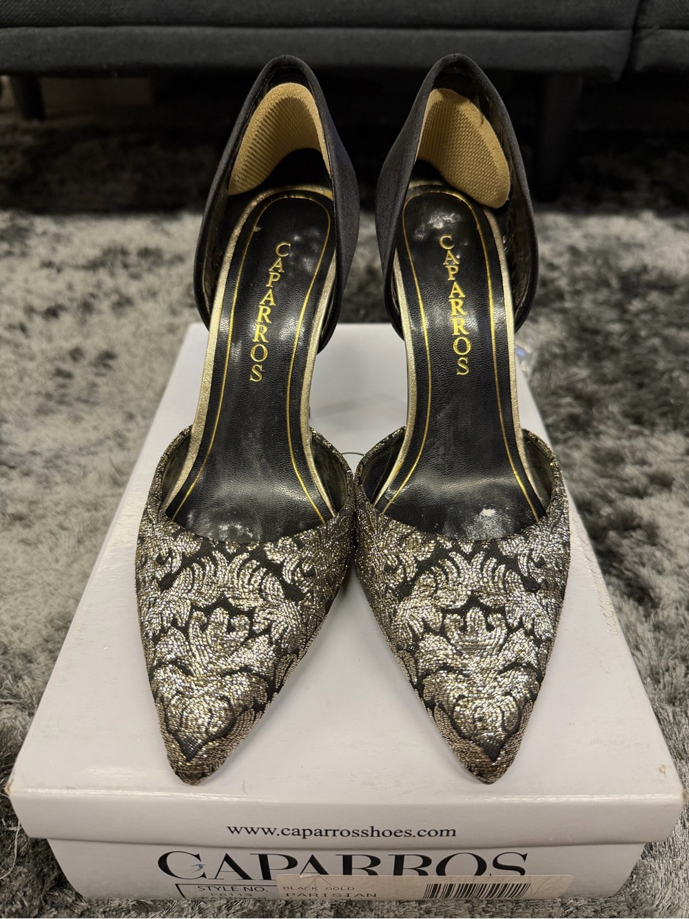 Caparros Black and Gold Brocade Pointed D'Orsay Heels